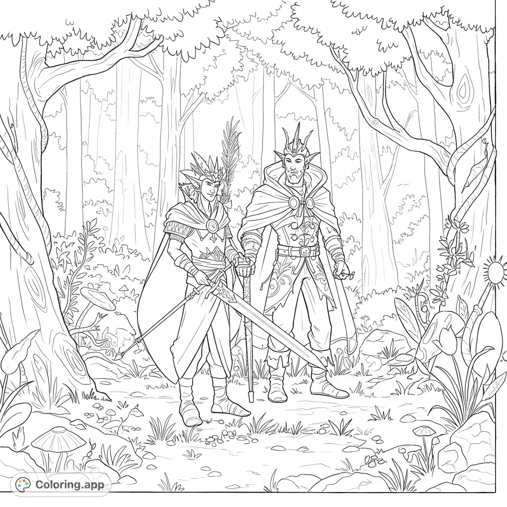 Two noble elven warriors stand ready in a magical forest. A detailed fantasy coloring page, free printable for all ages.