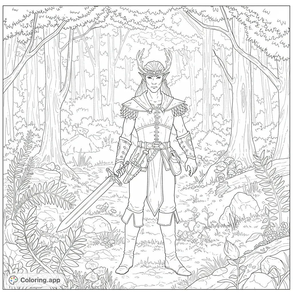 An intricate elven warrior stands ready in an enchanted forest, featuring detailed armor, a sword, and lush fantasy foliage. Perfect for fantasy coloring page fans!