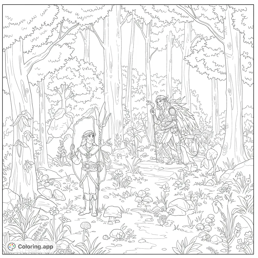 Explore an enchanted forest with two mystical figures. This detailed fantasy coloring page features intricate characters, lush foliage, and a winding path.