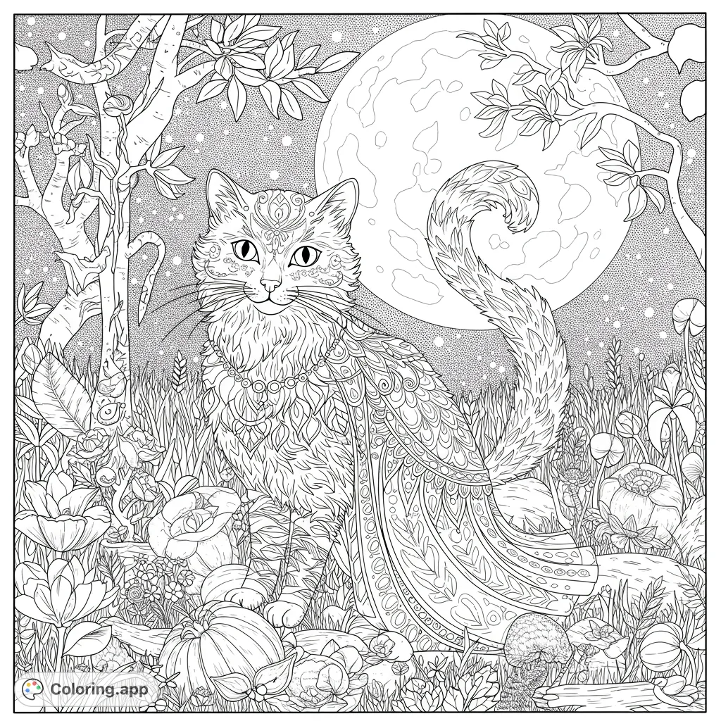 An intricate moonlit cat garden coloring page featuring an ornate feline amidst detailed flora and a full moon. A free printable coloring page for all ages.