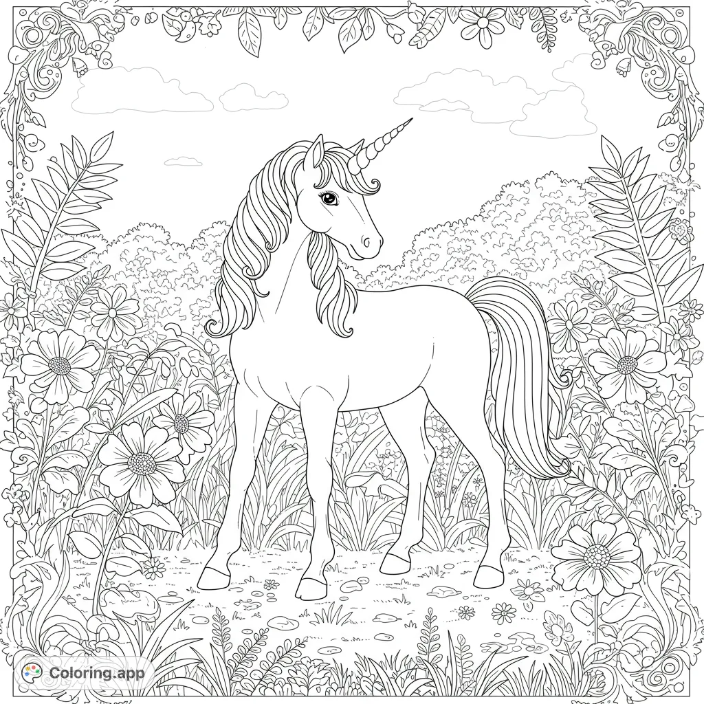 A majestic unicorn stands gracefully in a vibrant meadow, surrounded by intricate flowers and a beautiful decorative border. Perfect for magical coloring fun!