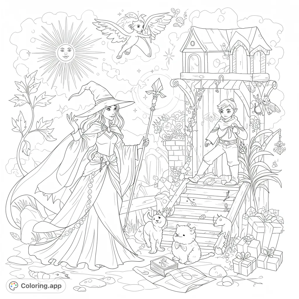 A magical fantasy scene featuring a wizard, adventurer, fairy, and cute animals in an enchanted forest. Perfect for a whimsical coloring journey!