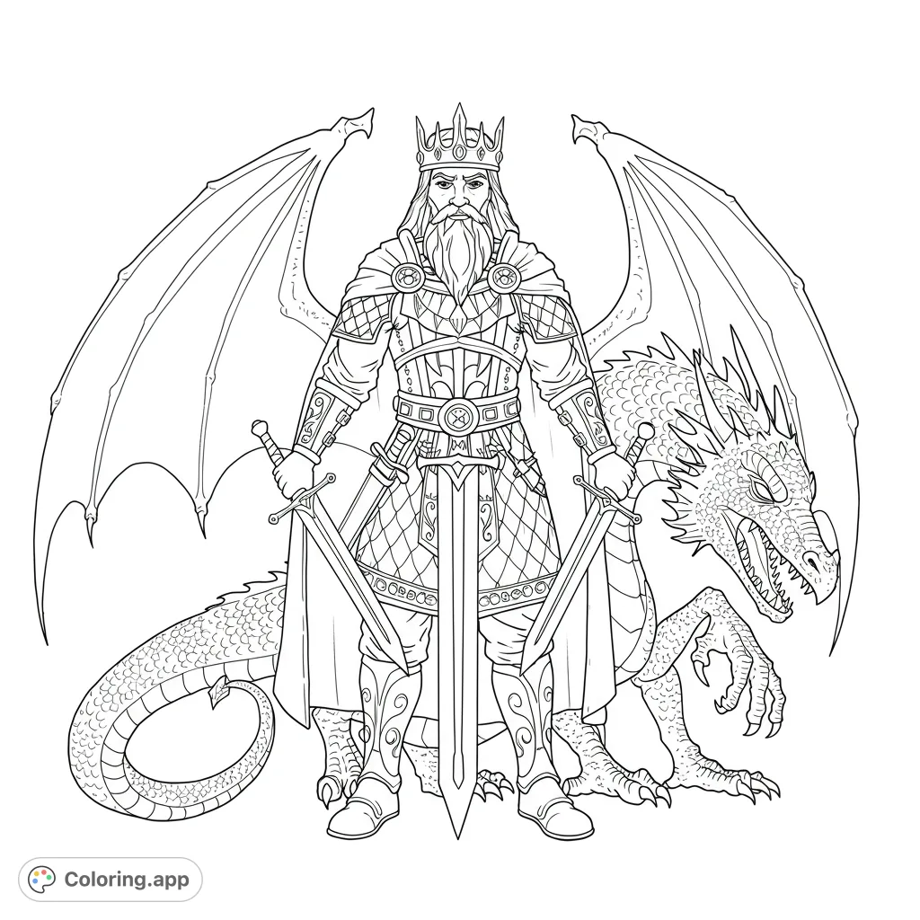 A majestic fantasy king in detailed armor stands with his fierce winged dragon companion. An epic, free printable fantasy coloring page.