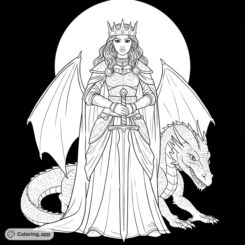 A powerful fantasy queen with a sword stands beside her loyal dragon, set against a striking circular backdrop. A free printable fantasy coloring page.