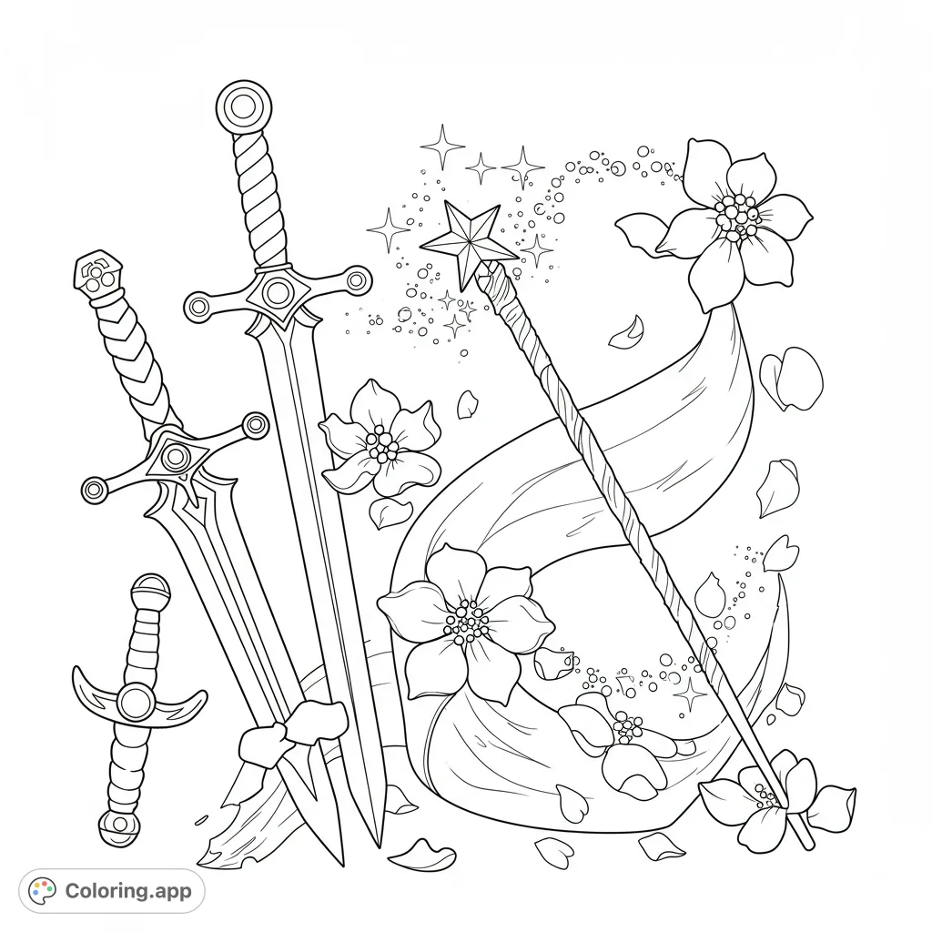 Unleash your creativity with this fantasy weapons coloring page featuring ornate swords, a magical wand, and delicate flowers amidst sparkling effects.