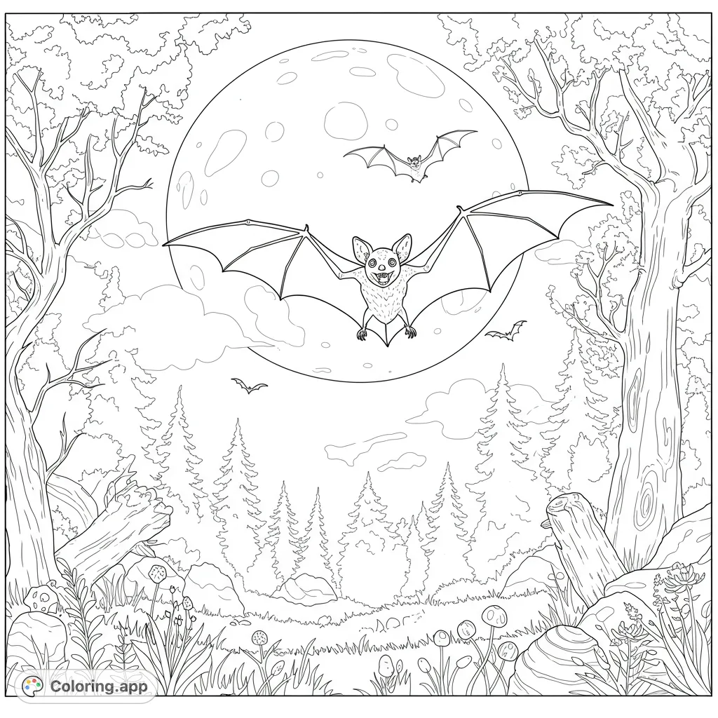 A happy bat soars before a luminous full moon in a detailed forest, surrounded by smaller bats and intricate woodland elements. Perfect for a spooky or whimsical coloring adventure.