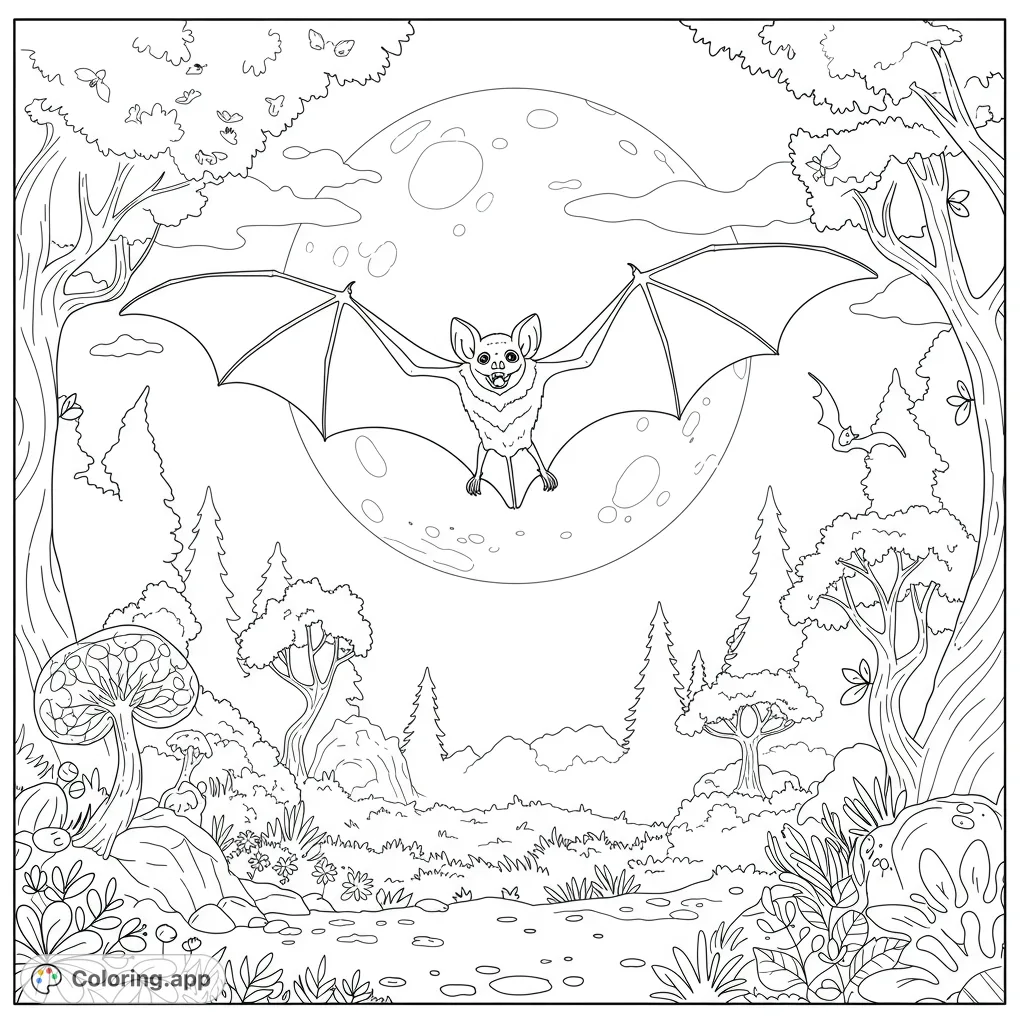 A majestic bat soars across a detailed full moon in a mystical forest, surrounded by trees, mushrooms, and a smaller bat. Perfect for nature lovers.
