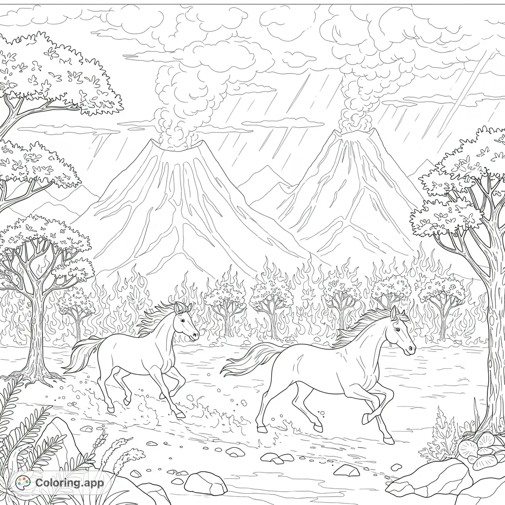 Two wild horses gallop through a dramatic volcanic landscape with erupting mountains, fiery trees, and rain, a powerful nature scene.