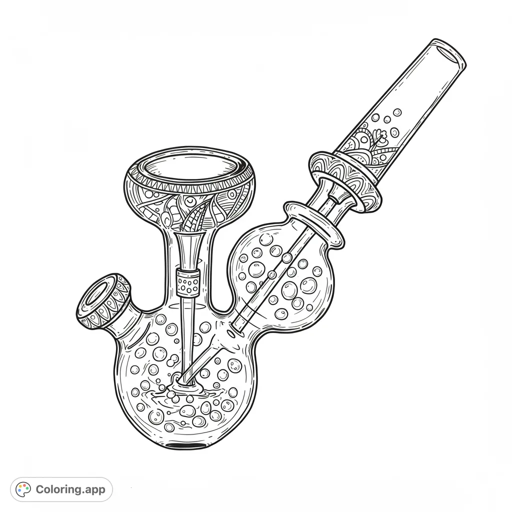 Detailed glass water pipe coloring page with intricate patterns and bubbles. A free printable adult coloring page for relaxation and creativity.