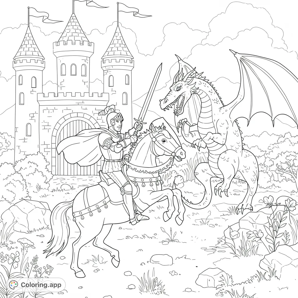 Epic fantasy adventure coloring page featuring a knight battling a fierce dragon before a grand castle. Free printable coloring page for kids and adults.