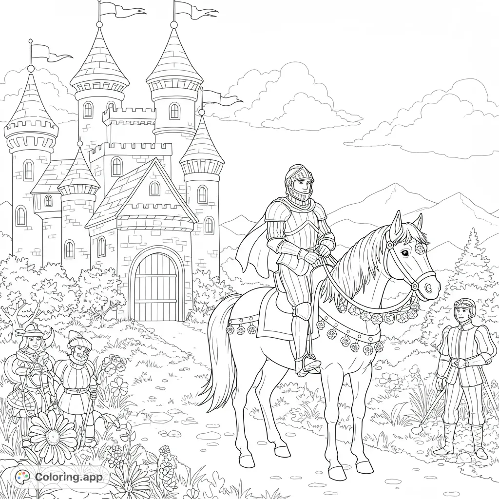 A noble knight on horseback, with a grand medieval castle in the background, surrounded by loyal guards and a scenic landscape. Perfect for fantasy adventures!