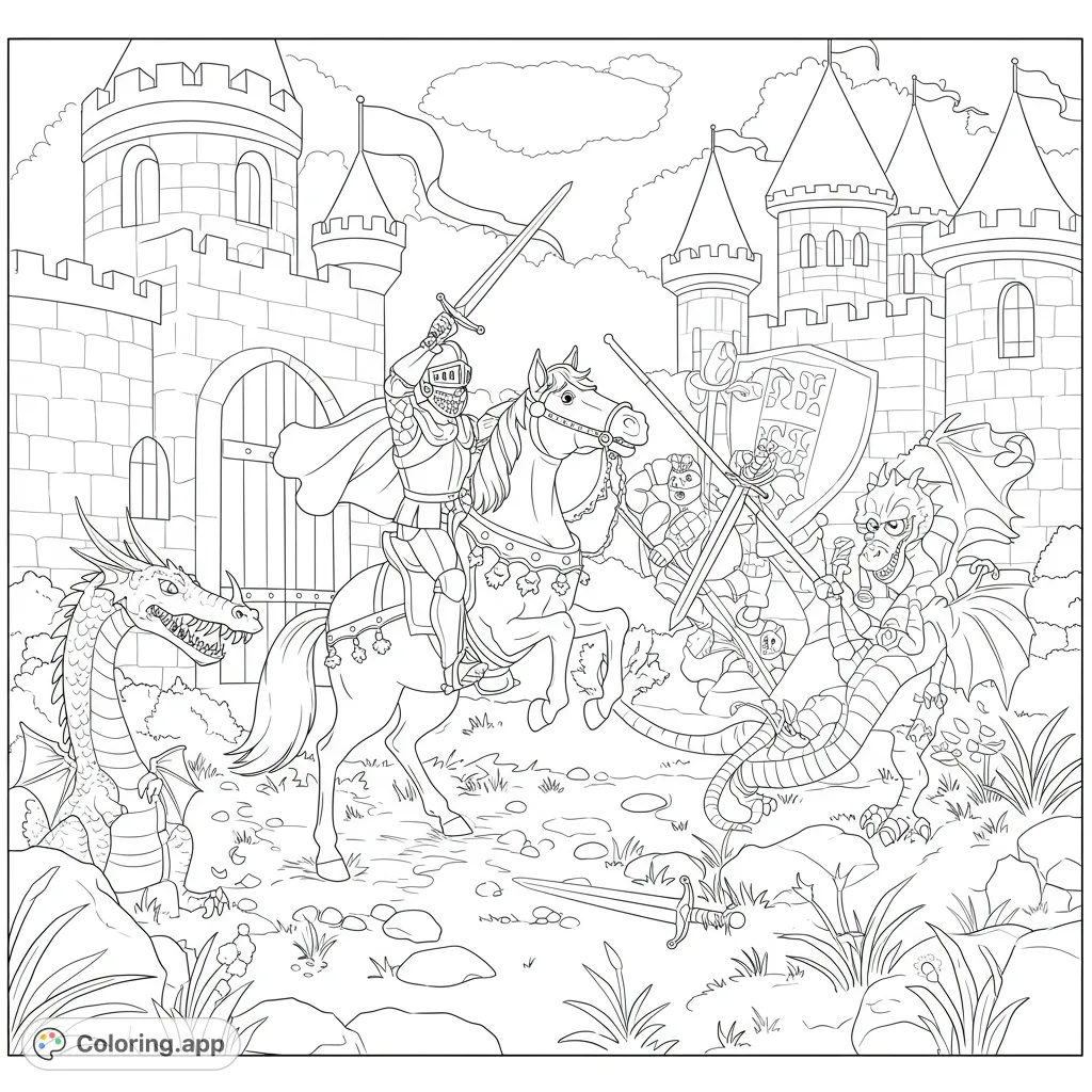 An epic medieval battle scene featuring a brave knight on horseback fighting fierce dragons before a grand castle. A free printable fantasy coloring page.
