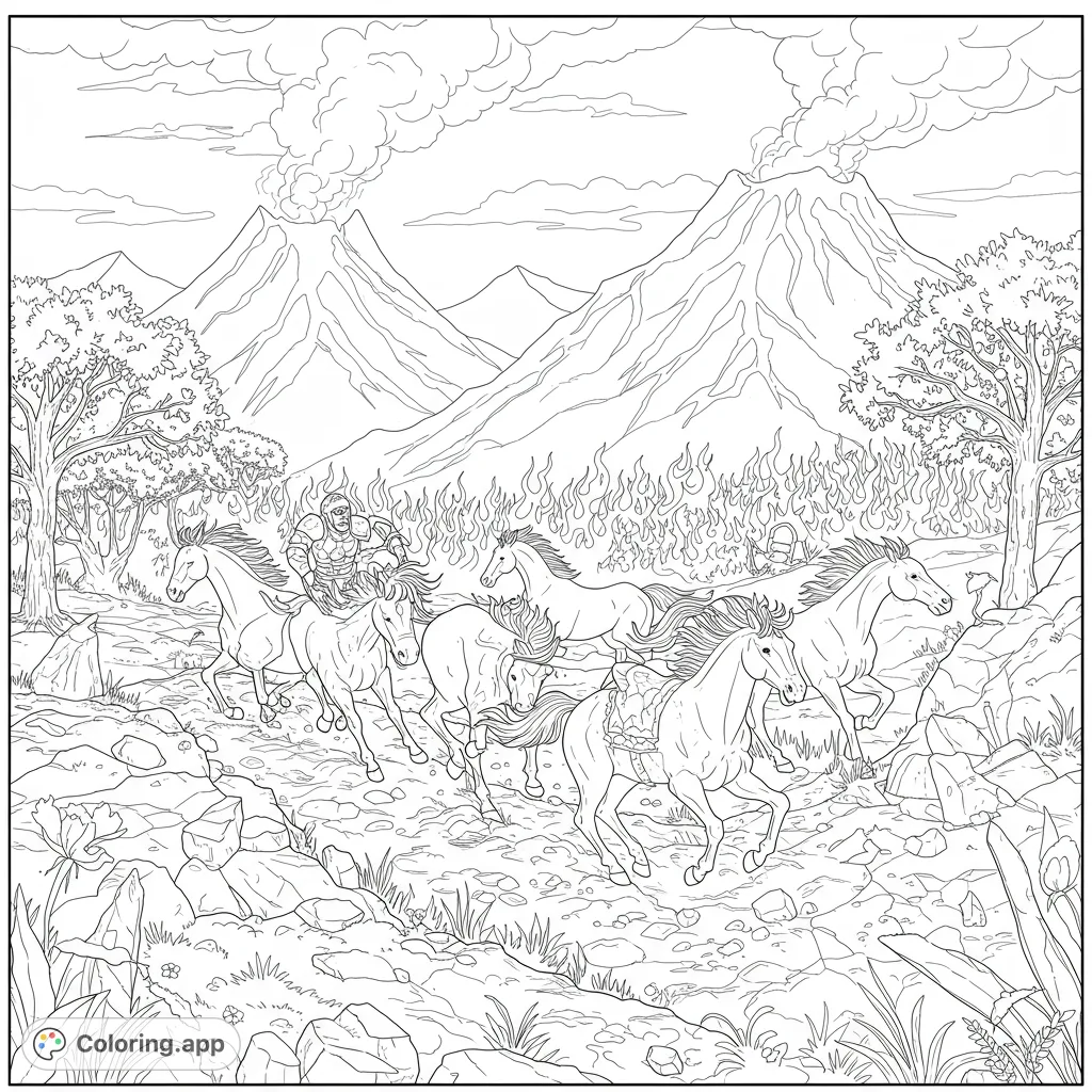 An epic fantasy adventure coloring page featuring a knight leading horses from erupting volcanoes and fiery landscapes. Free printable coloring page for all ages.
