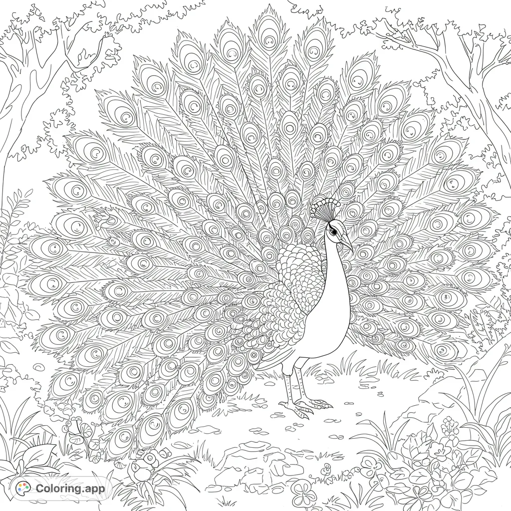 A magnificent peacock with its tail fully fanned, showcasing intricate feather details amidst a lush, natural setting. Perfect for vibrant coloring.