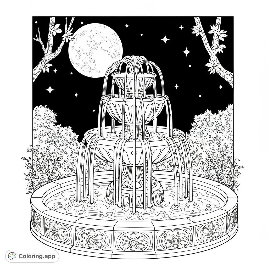 A serene moonlit garden fountain coloring page, featuring a multi-tiered fountain under a starry night sky with a full moon and lush foliage.