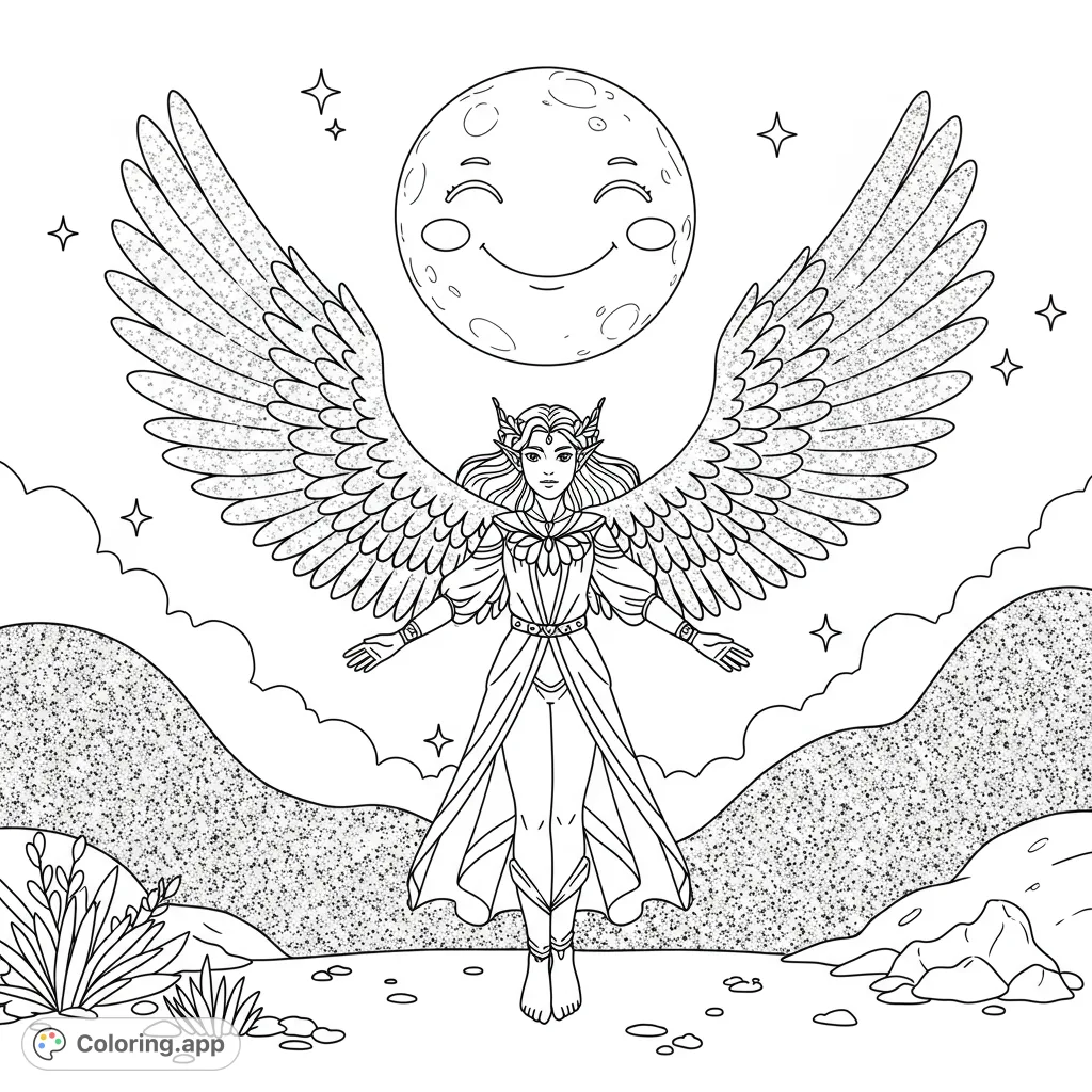 A majestic winged figure stands under a smiling moon, surrounded by stars and a serene landscape. A beautiful fantasy coloring page for all ages.