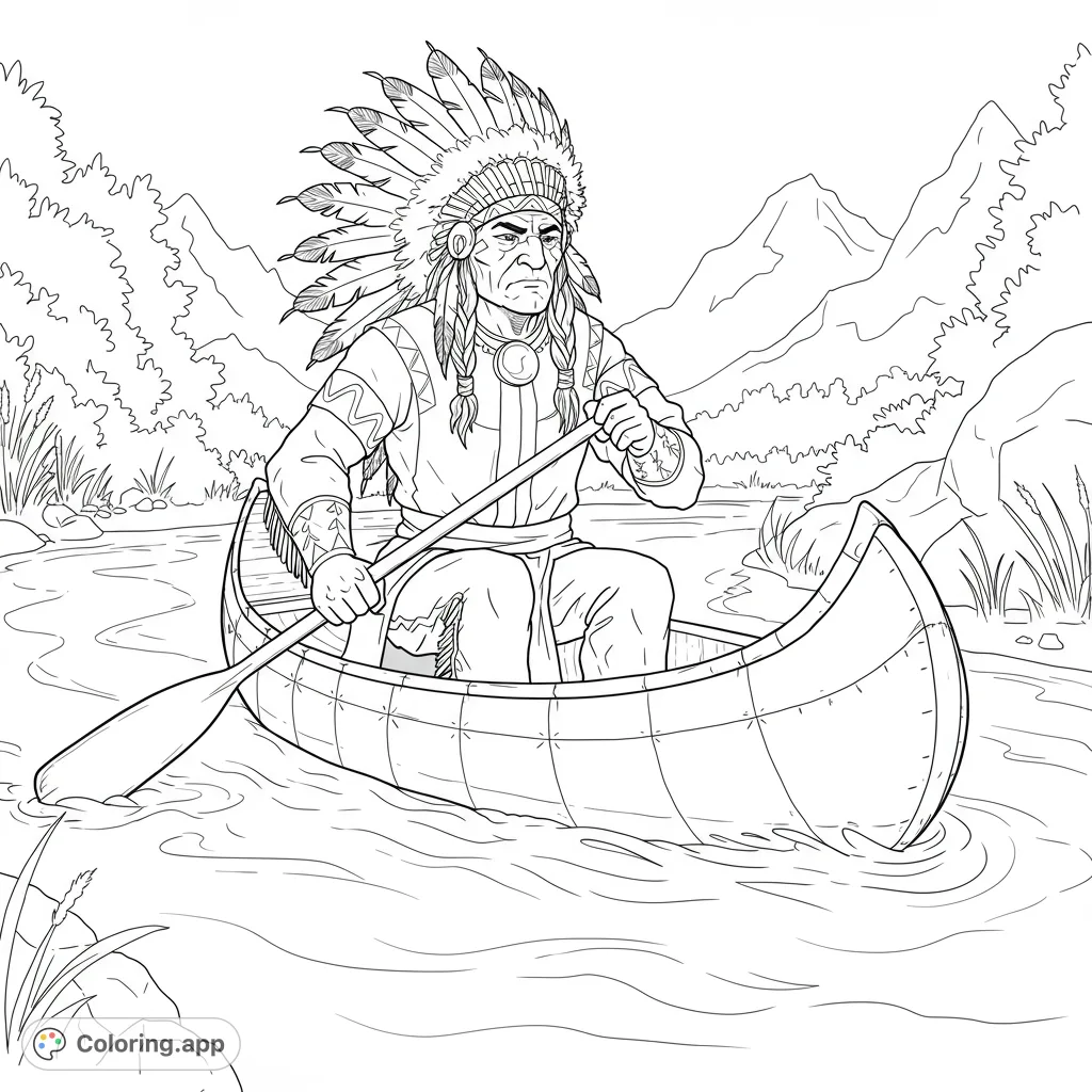 A majestic Native American chief in a feathered headdress paddles a canoe on a river, surrounded by mountains and nature. A free printable coloring page.
