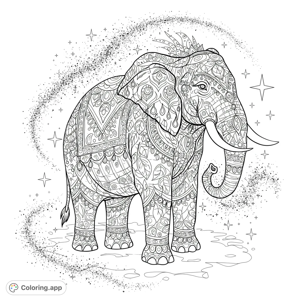 Discover a majestic elephant adorned with intricate mandala patterns, surrounded by a swirling stardust trail. A detailed, free printable coloring page for all ages.