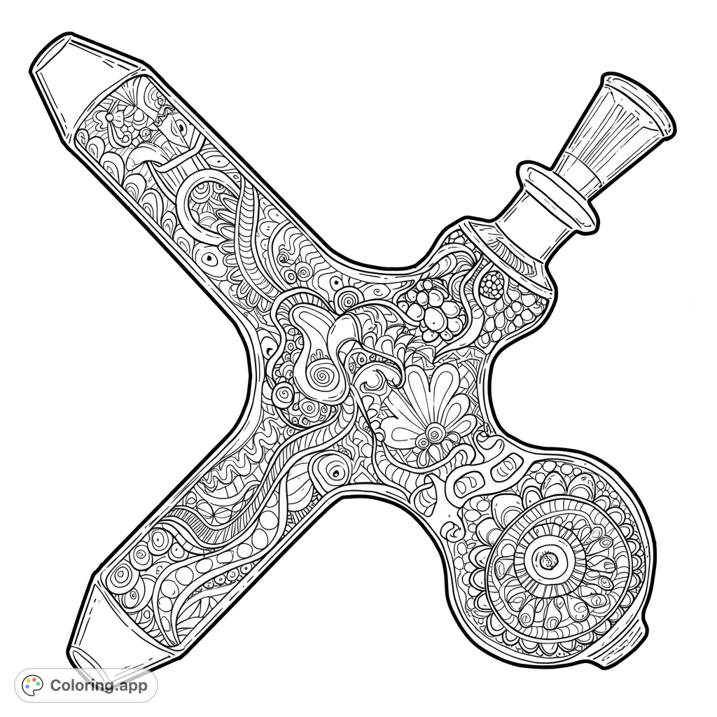 An intricately detailed cross-shaped flask adorned with complex mandala and organic patterns, perfect for mindful coloring and creative expression.