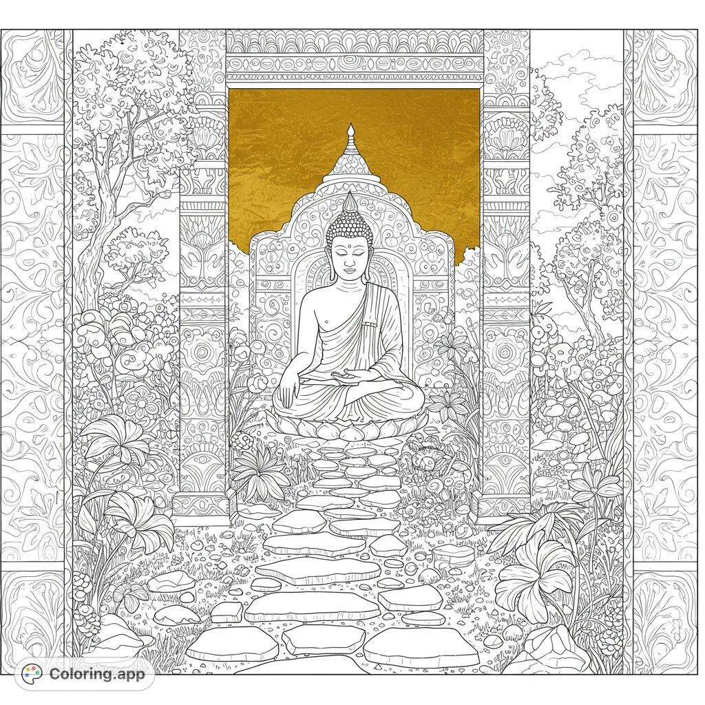 Serene Buddha meditating in an intricate garden sanctuary with a winding stone path and ornate architectural details, perfect for mindful coloring.