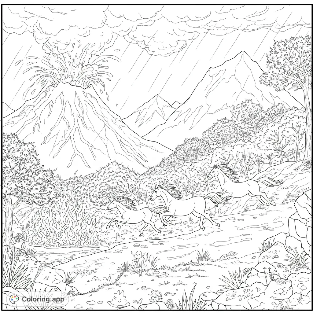 Experience the thrill of a volcanic eruption coloring page! Three wild horses gallop through a fiery landscape under a stormy, rainy sky.