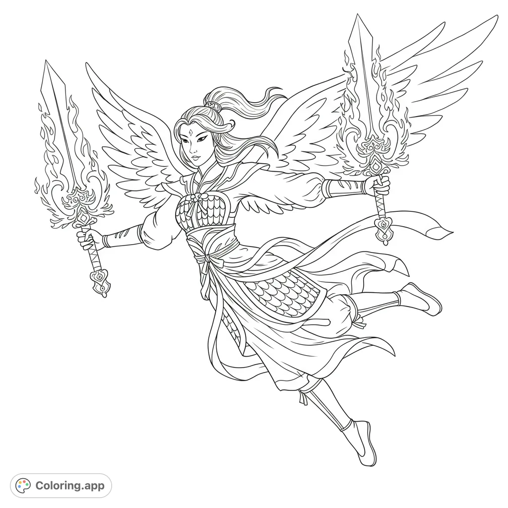 Dynamic winged warrior with two flaming swords, ready for battle. Intricate details on armor and flowing attire. A powerful fantasy coloring page.