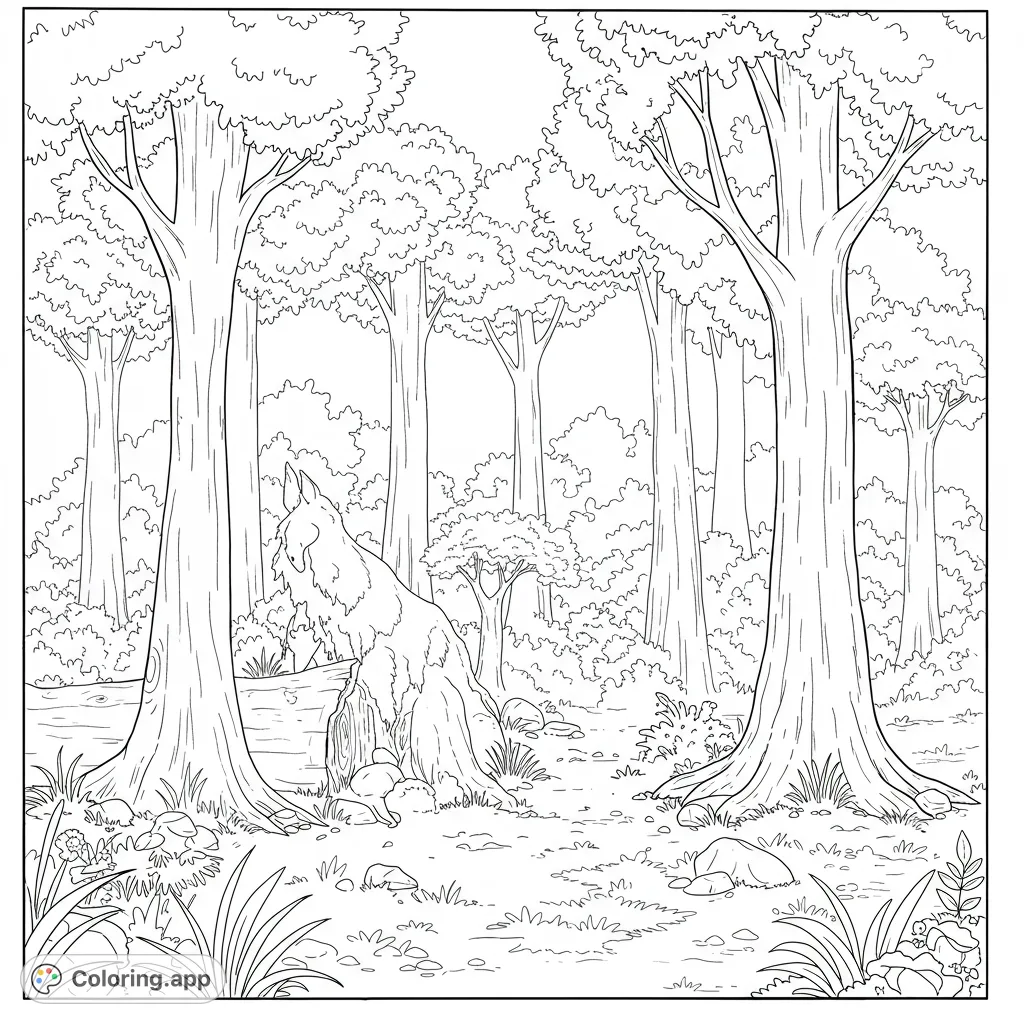 Discover a majestic wolf in a serene forest. This free printable forest coloring page offers intricate details of trees, foliage, and a peaceful natural setting.