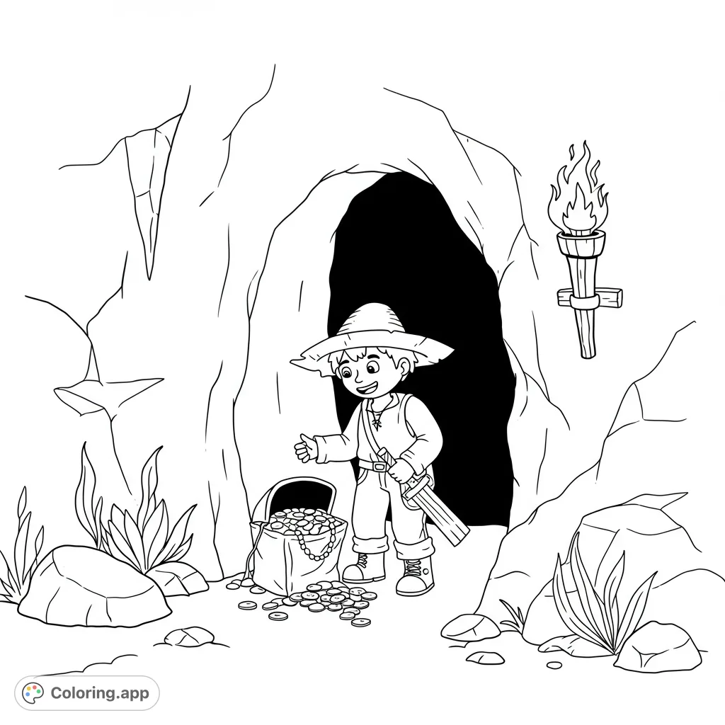 A cheerful young adventurer discovers an overflowing treasure chest in a mysterious cave, surrounded by spilled gold coins and a glowing torch.