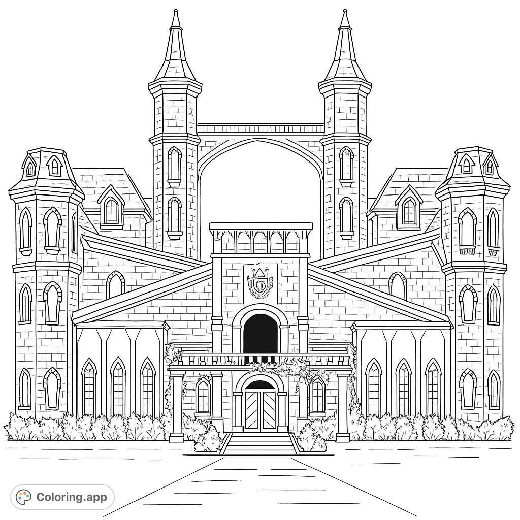 A majestic castle or academy entrance, featuring intricate stone architecture, towering spires, and lush foliage. Perfect for detailed coloring.