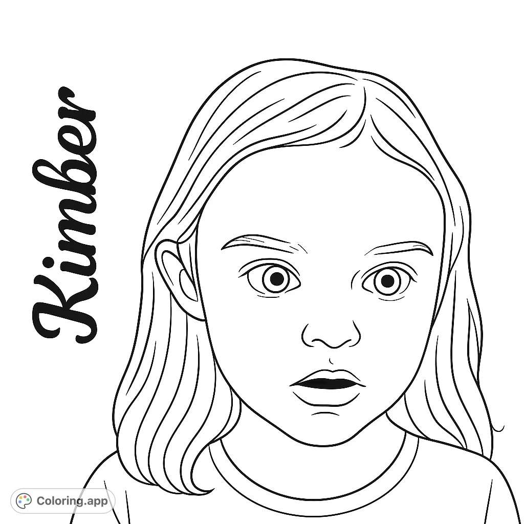 A captivating portrait of a young girl with wide, curious eyes and a slightly open mouth, perfect for expressive coloring. A free printable portrait coloring page for kids and adults.