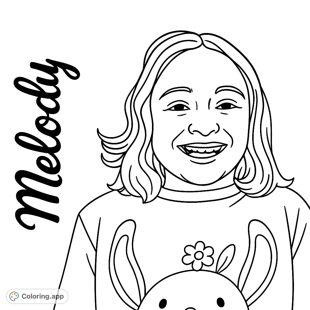 A cheerful girl with wavy hair smiles, wearing a shirt featuring a cute bunny with large ears and a flower. A delightful free printable coloring page.