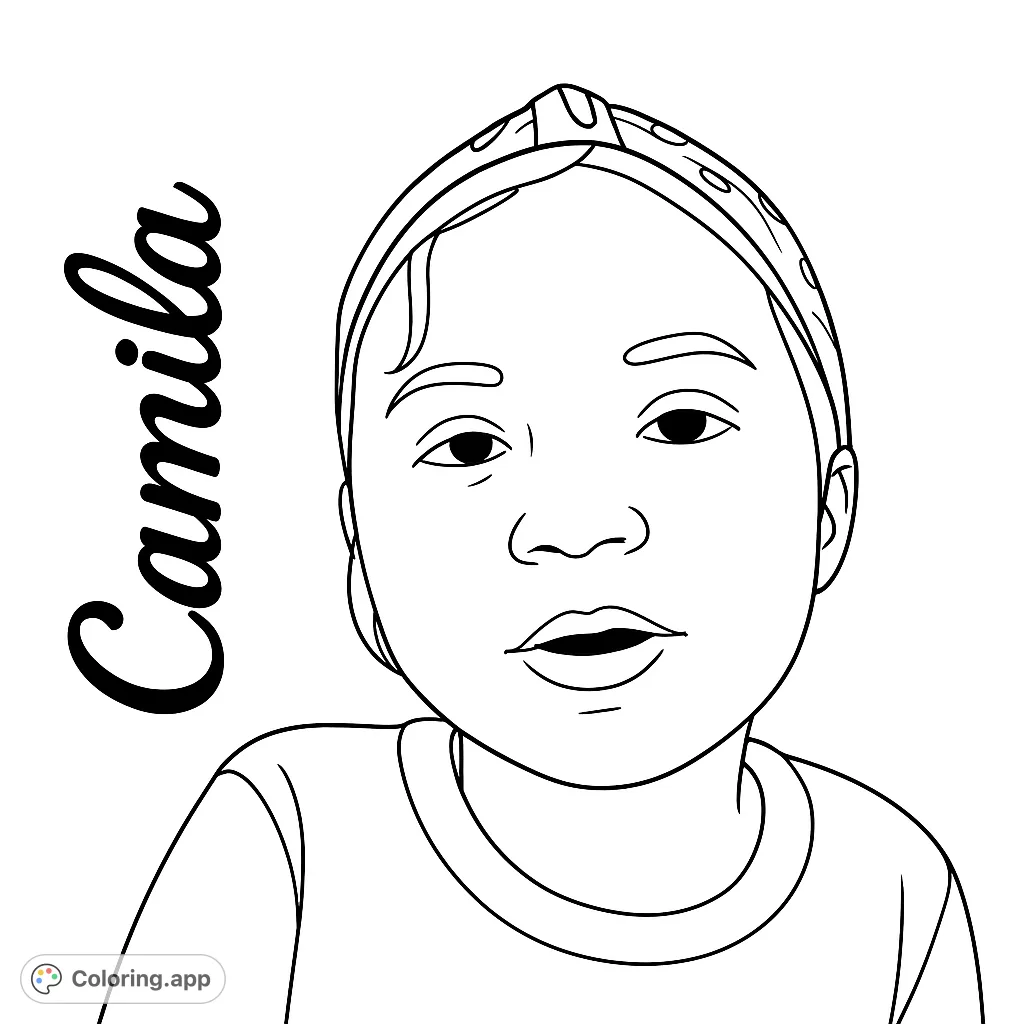 An adorable child portrait coloring page featuring a sweet face and a patterned headband, perfect for personalized coloring fun. A charming free printable coloring page.