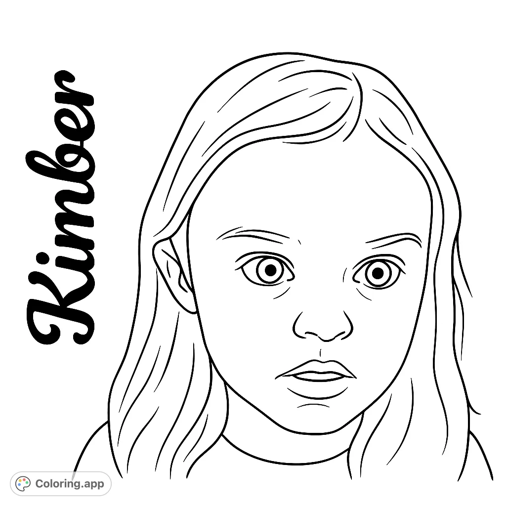 An expressive portrait of a young girl, perfect for a free printable portrait coloring page. Features wide eyes and flowing hair, ideal for kids and adults.