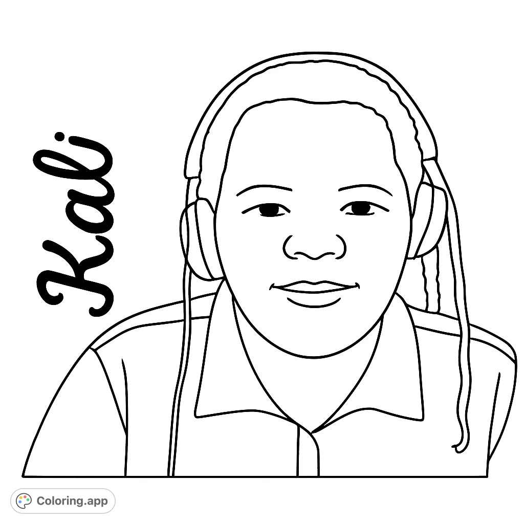 A cool young person wearing over-ear headphones, perfect for a music-themed coloring page. Simple lines for easy coloring fun.