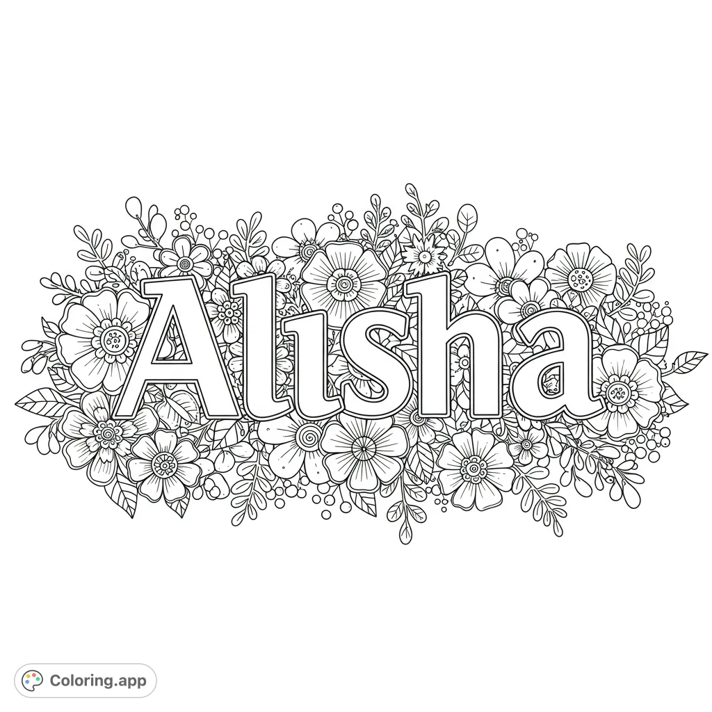 A beautiful Alisha floral name coloring page, free printable, featuring intricate flowers and leaves. Perfect for personalized gifts or relaxation.
