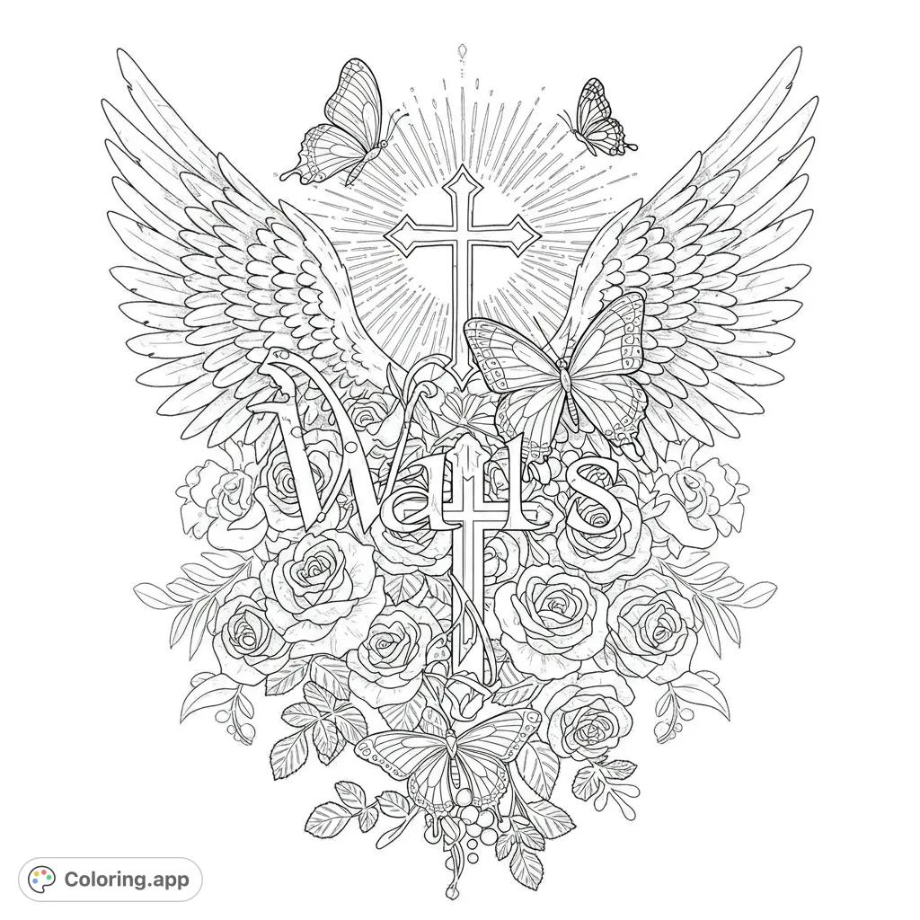 An intricate spiritual coloring page featuring a cross, angel wings, blooming roses, and delicate butterflies. A free printable design for all ages.