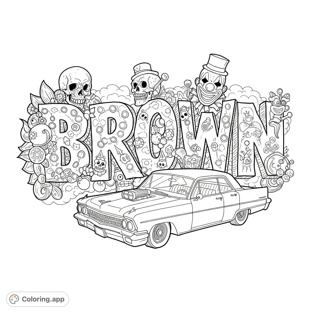 Intricate lowrider car and stylized 'BROWN' lettering with skulls, clown, and detailed doodles. A challenging free printable coloring page for adults.