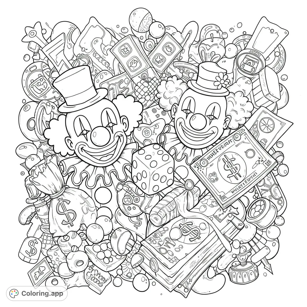 A vibrant casino-themed coloring page featuring two cheerful clowns amidst a chaotic pile of money, dice, and game elements. Perfect for fun!
