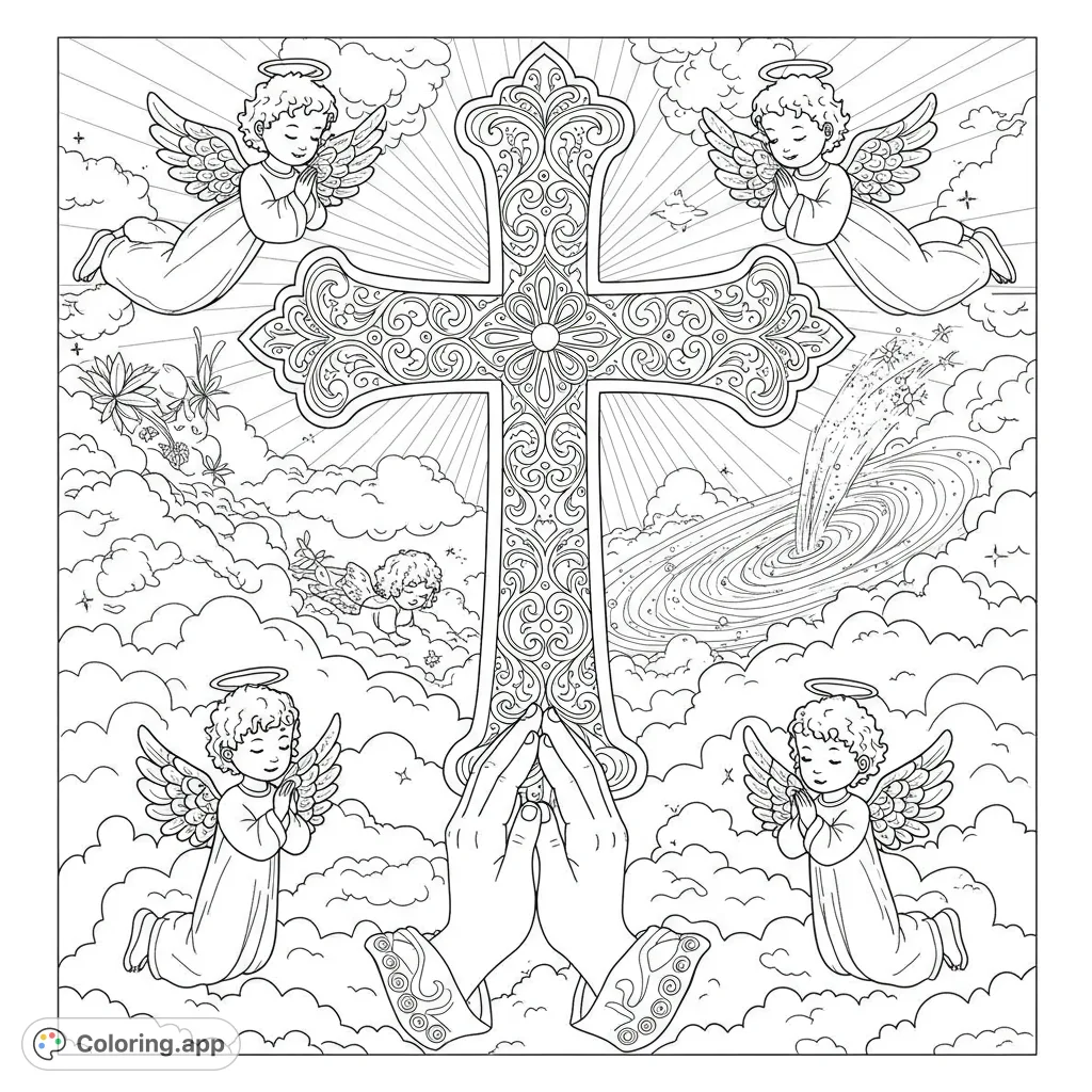 A serene religious coloring page featuring an ornate cross, praying hands, and cherubic angels amidst heavenly clouds and light rays. Perfect for spiritual reflection.