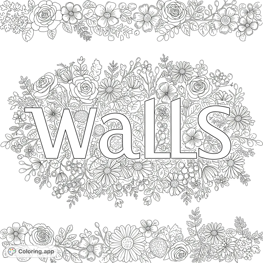 Intricate floral design featuring the word "WALLS" surrounded by beautiful roses, daisies, and foliage. Perfect for a relaxing coloring experience.