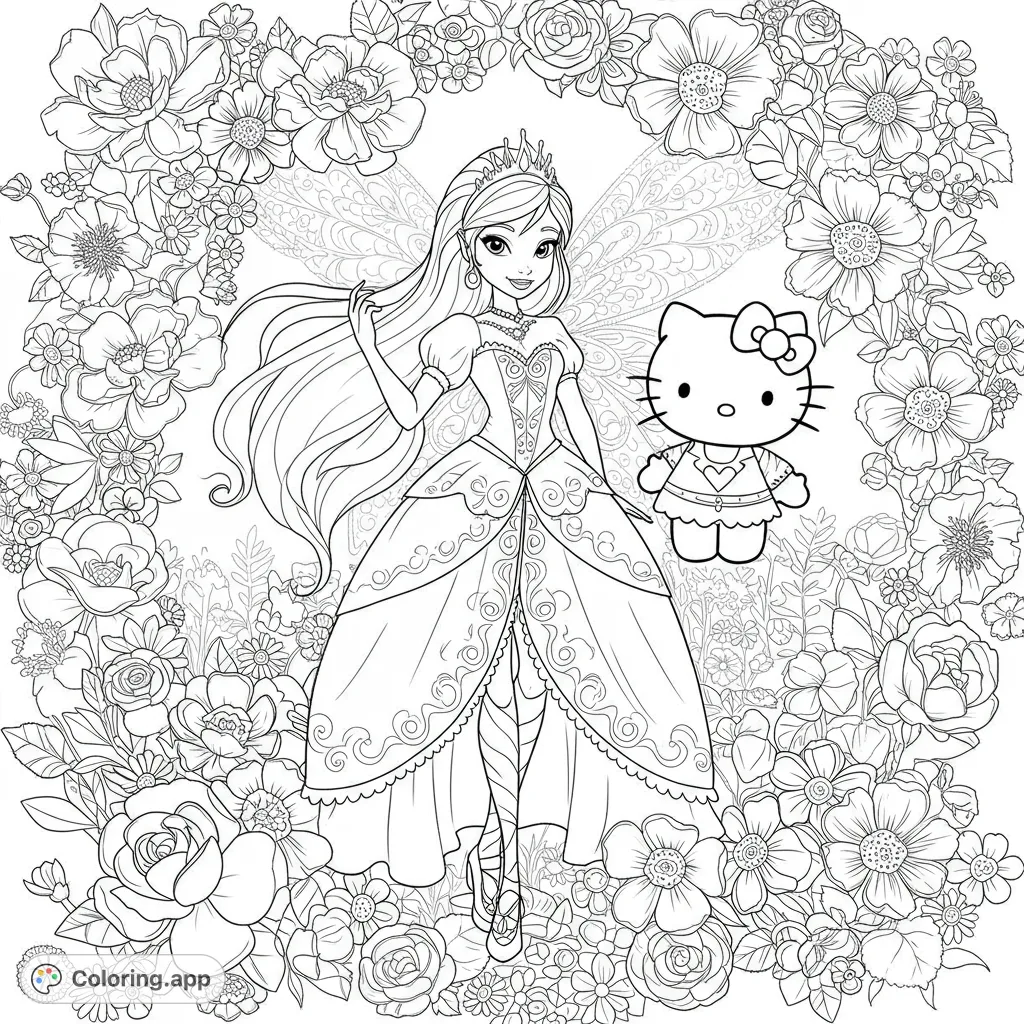 A magical fairy princess and Hello Kitty surrounded by an enchanting floral frame. A delightful free printable coloring page for all ages.