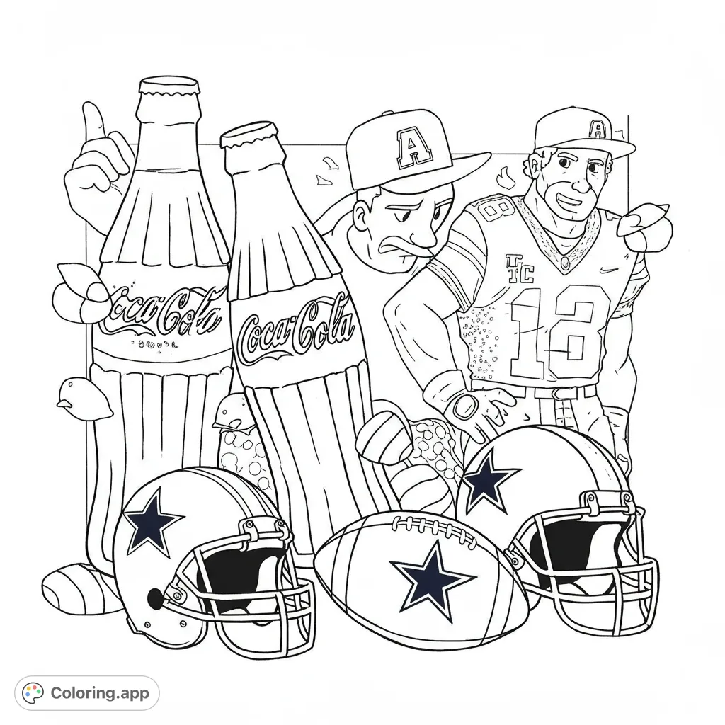 Dynamic football fan scene with players, helmets, a football, and classic soda bottles. Perfect for sports enthusiasts to color and celebrate game day!