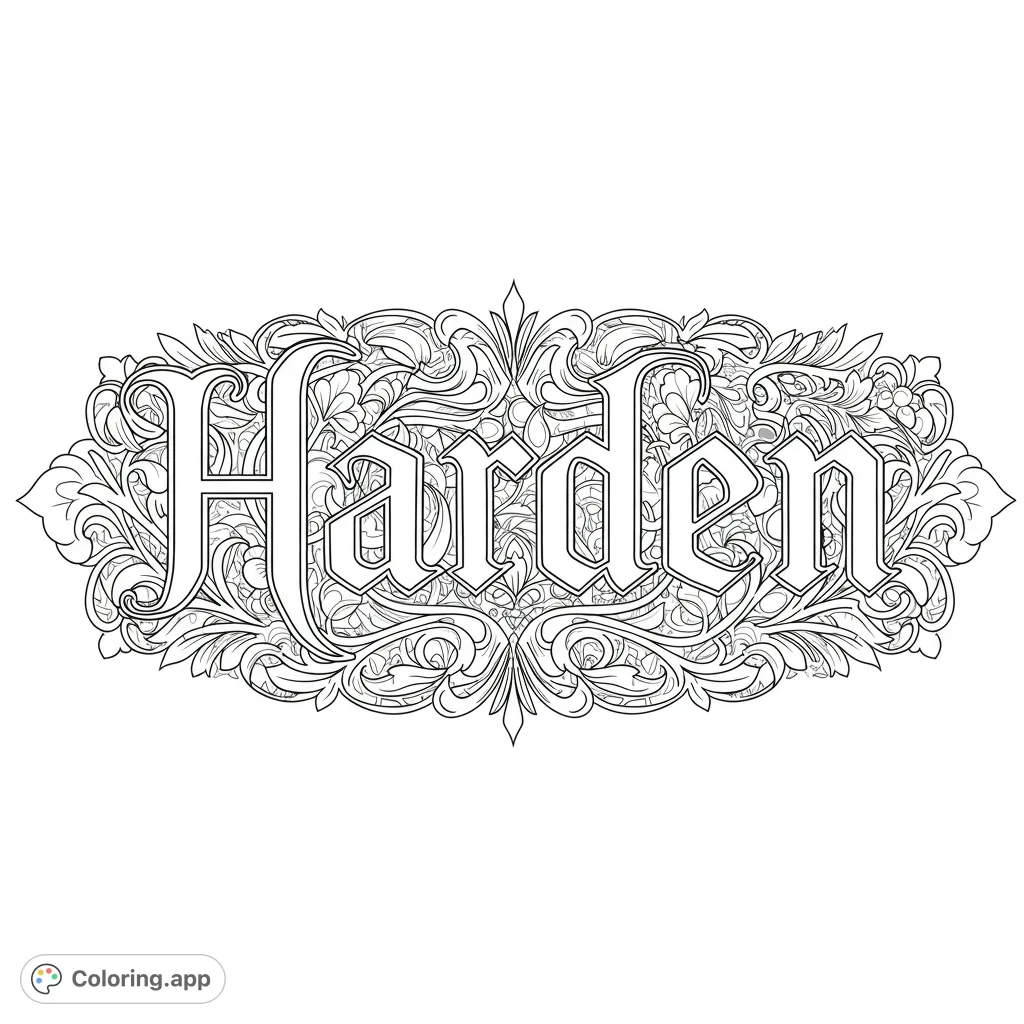Intricate 'Harden' typography with gothic flair, surrounded by detailed swirling floral patterns. A challenging and rewarding coloring page.