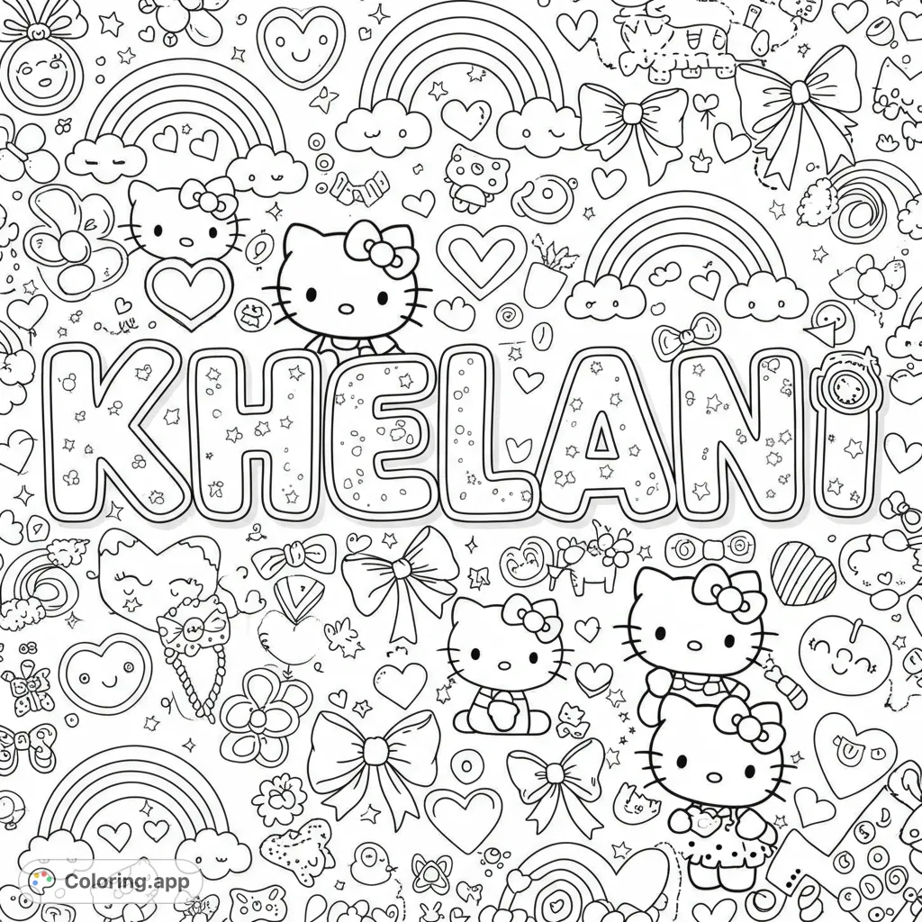 A delightful KHELANI coloring page featuring Hello Kitty, rainbows, hearts, and bows, perfect for personalized fun and creative expression.