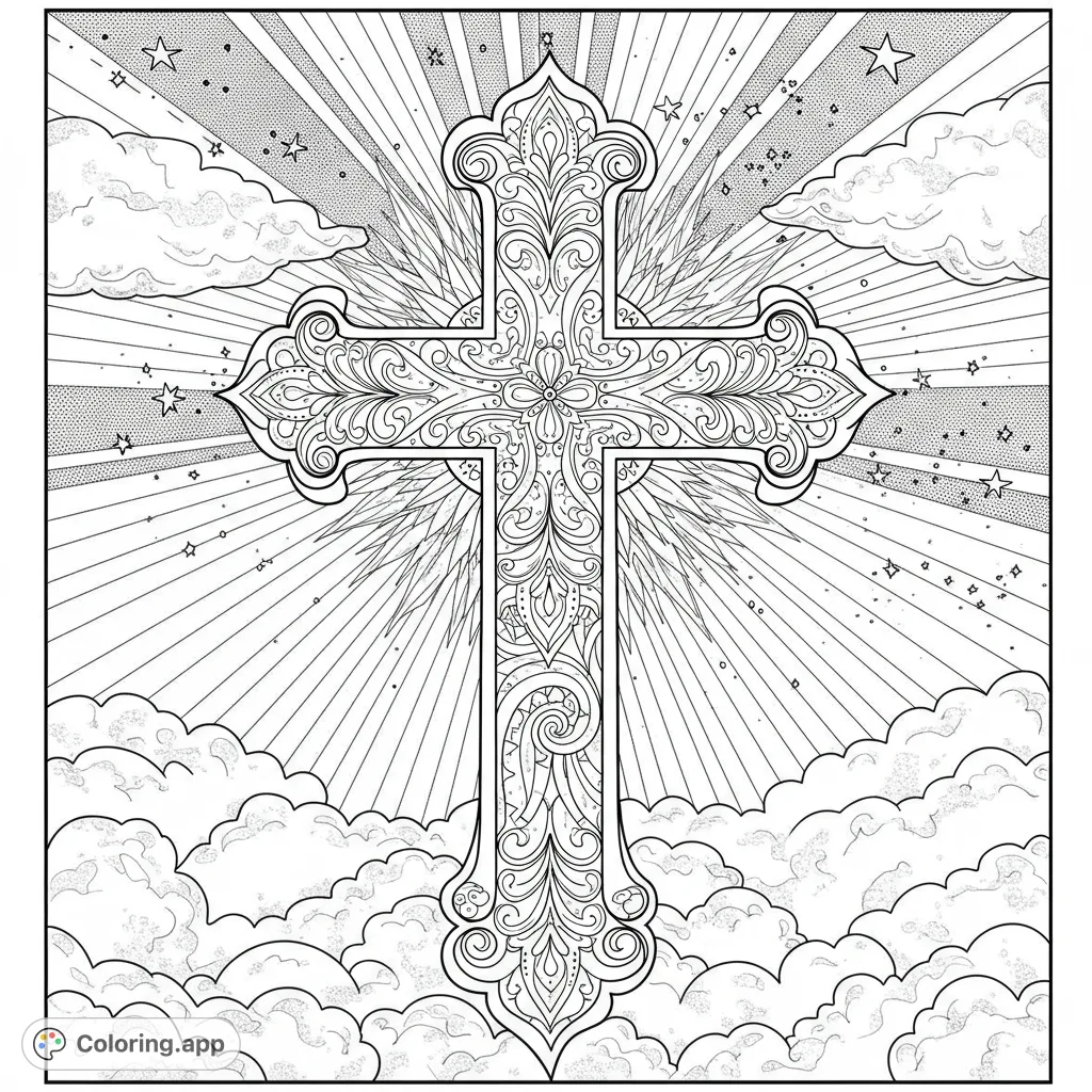An intricate ornate cross radiates light amidst celestial clouds and stars. A detailed spiritual design, perfect for mindful coloring and reflection.