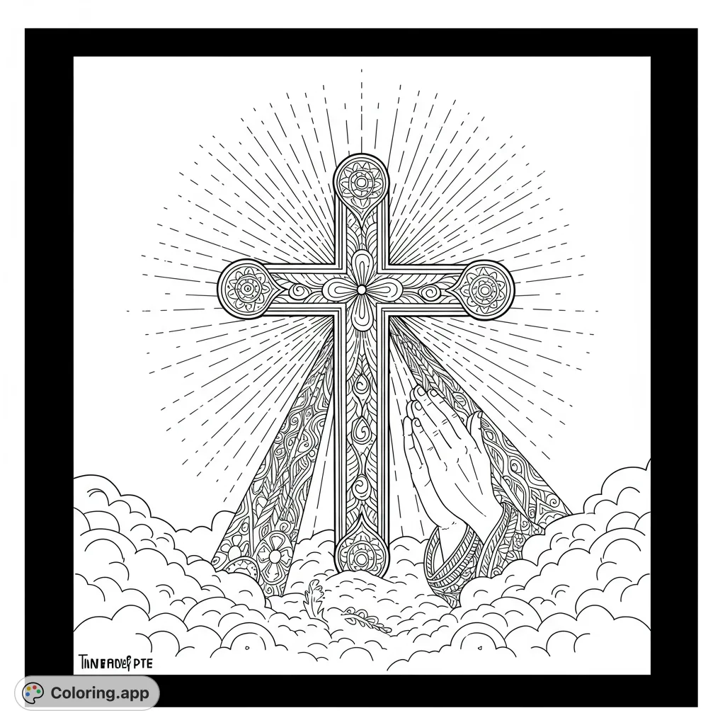 An intricate spiritual coloring page featuring a decorative cross, praying hands, and radiant light, perfect for mindful reflection and creative expression.
