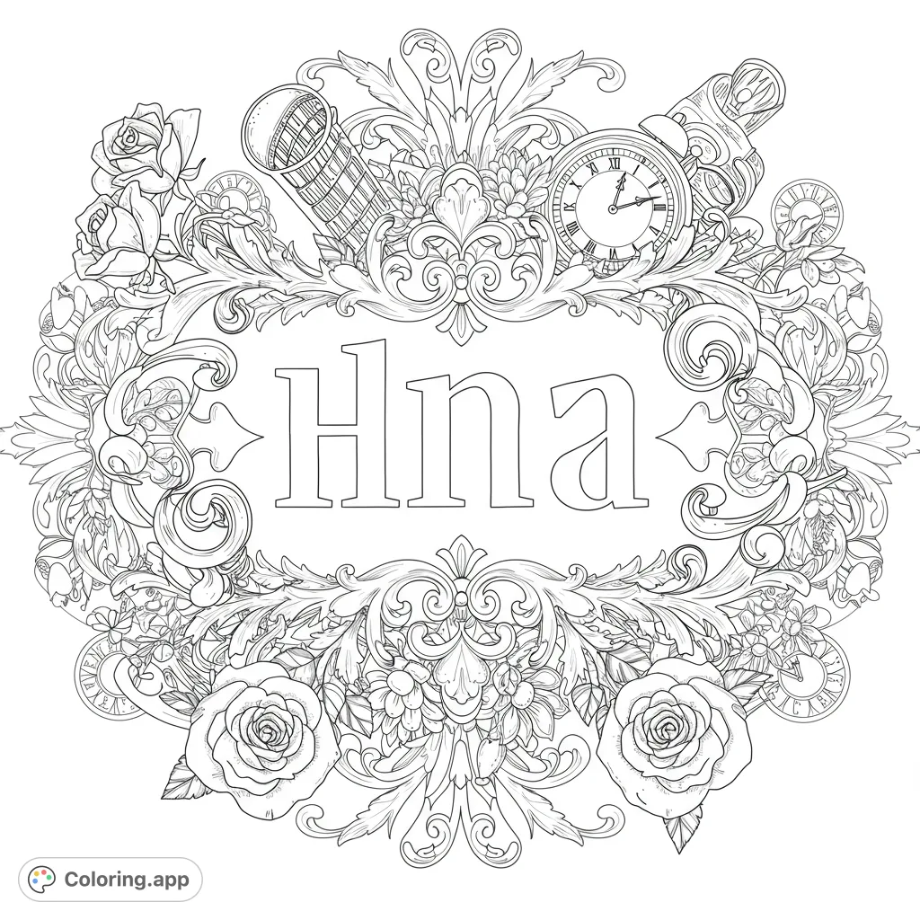 Intricate baroque frame coloring page featuring roses, a vintage microphone, and a pocket watch, perfect for detailed coloring and personalization.
