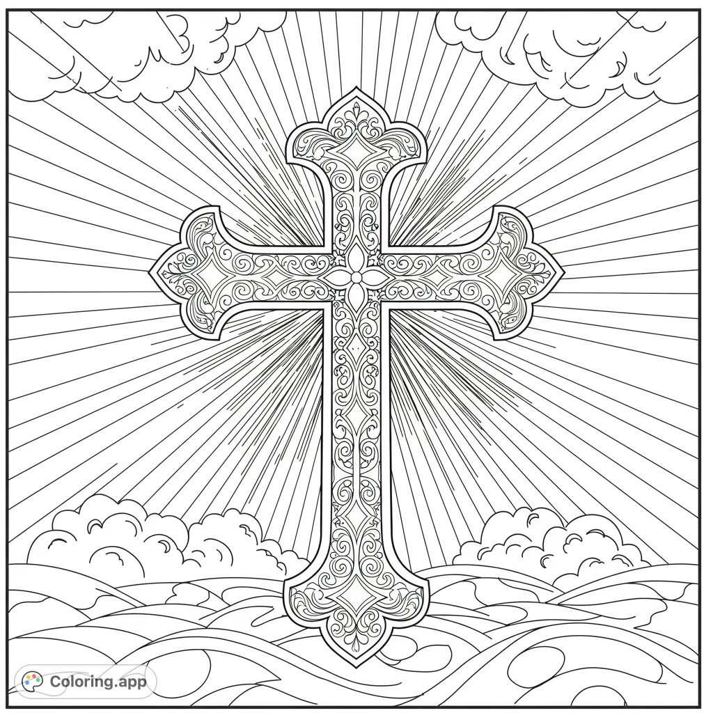 An intricately detailed spiritual cross with radiating sun rays and flowing patterns, perfect for meditative coloring and reflection.