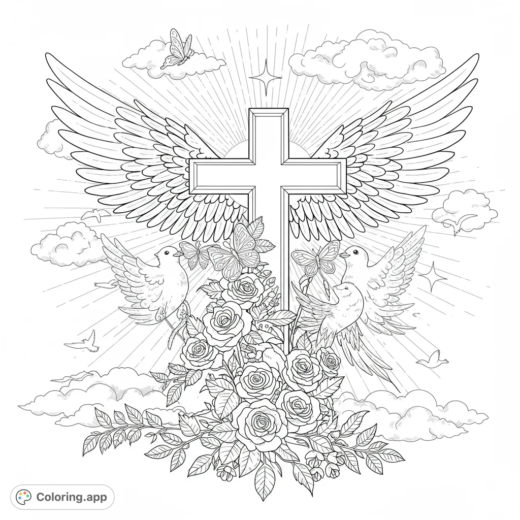 A beautiful religious coloring page featuring a winged cross, doves, and roses, surrounded by clouds and light rays. Perfect for spiritual reflection.