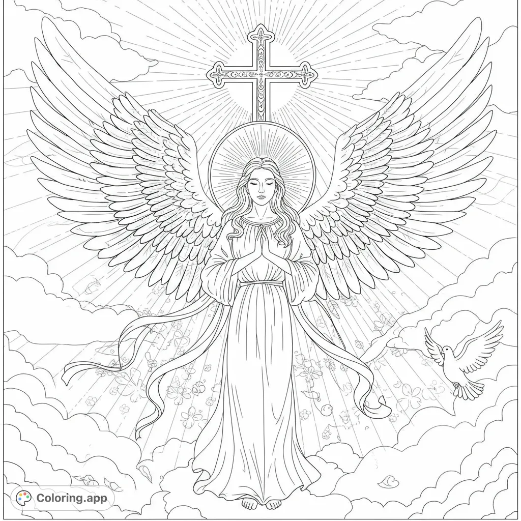Serene angel with majestic wings, hands clasped in prayer, beneath a radiant cross. A peaceful, spiritual angel coloring page.